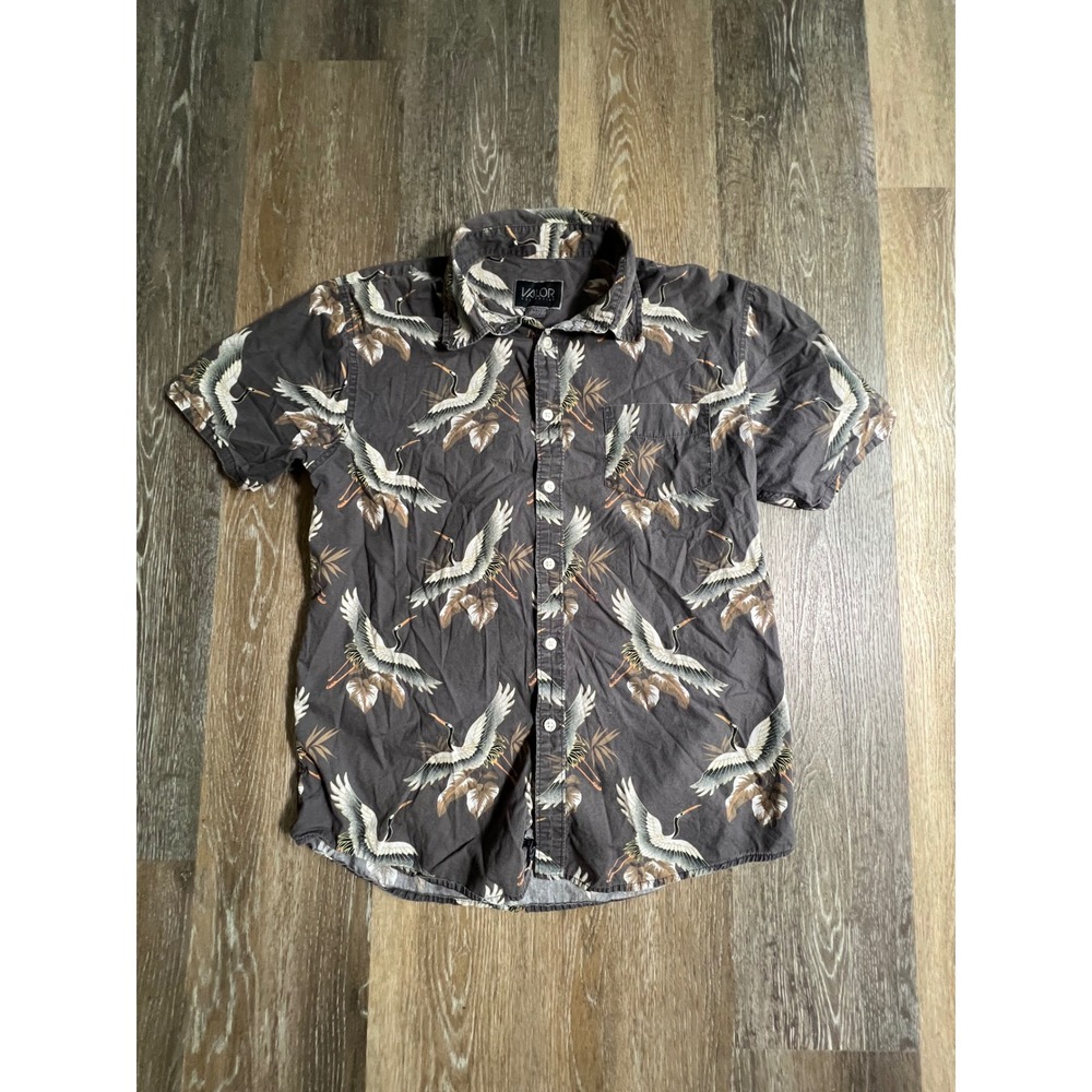 Valor Collective Button Down Shirt Mens Small Gray Good Crane Print Short Sleeve